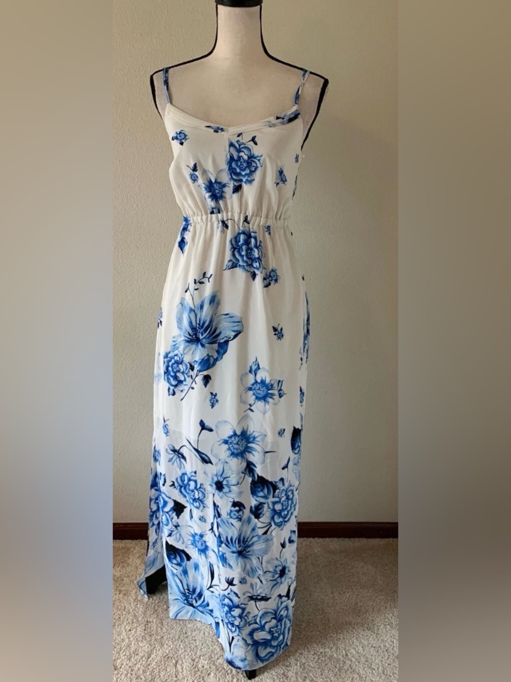 Maeve Anthropologie White Maxi Dress with Blue Floral Print